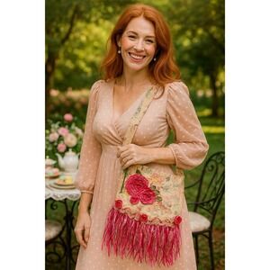 PURSE HANDMADE CROSSBODY OOAK‎ BOHO CHARM PINK ROSES OOAK